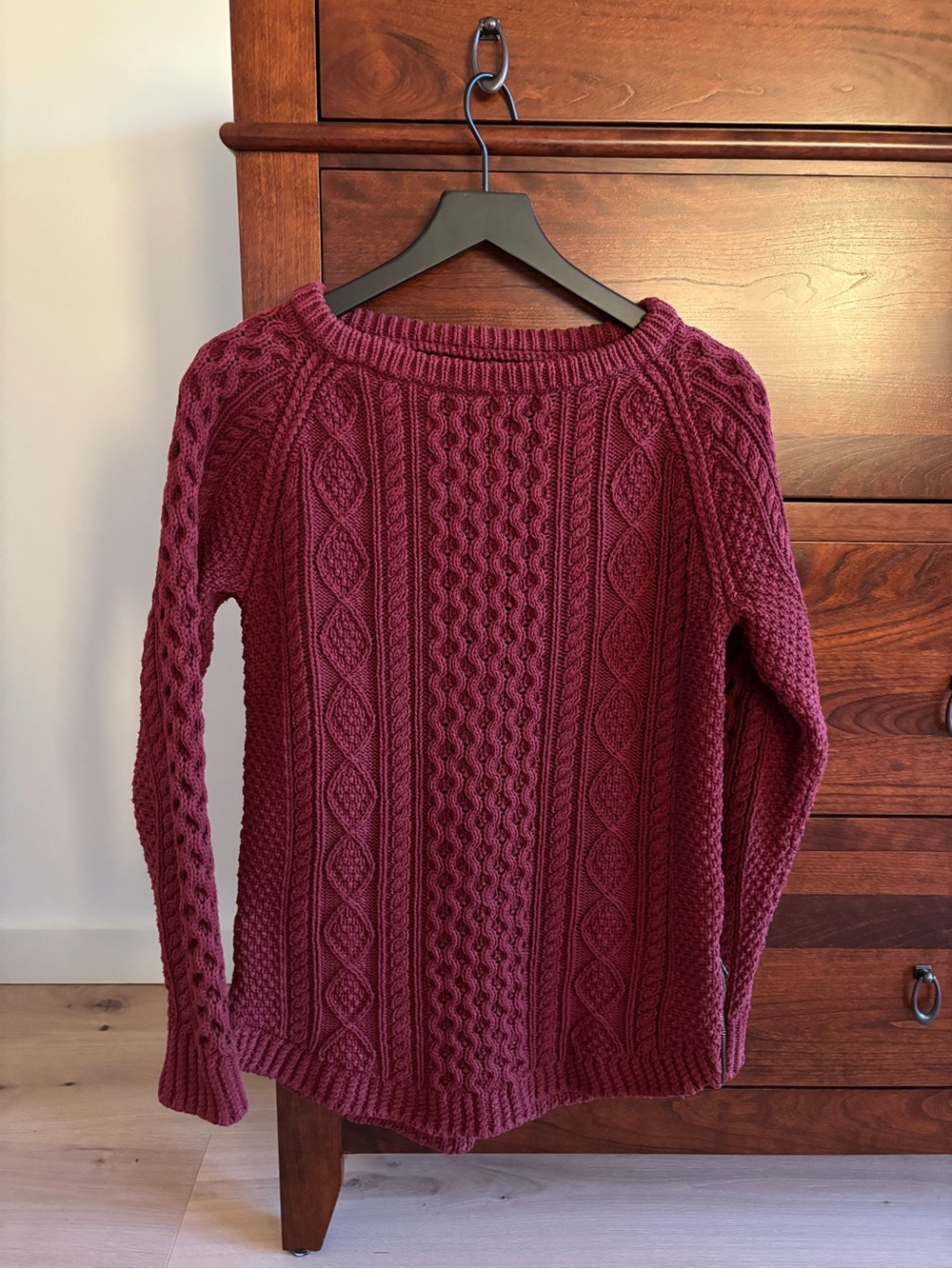 LL Bean Signature Burgundy Fisherman Tunic Cable Knit Cotton Outdoor Adventure S